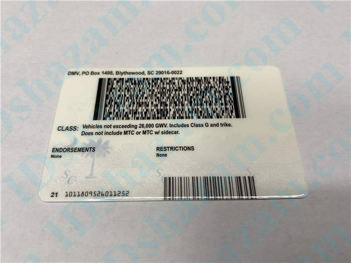 Premium Scannable New South Carolina State Fake ID Card Back Display