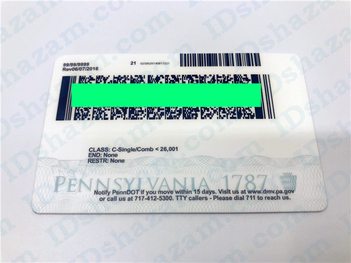 Premium Scannable Pennsylvania State Fake ID Card Back Display
