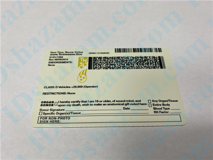 Premium Scannable Tennessee State Fake ID Card Back Display