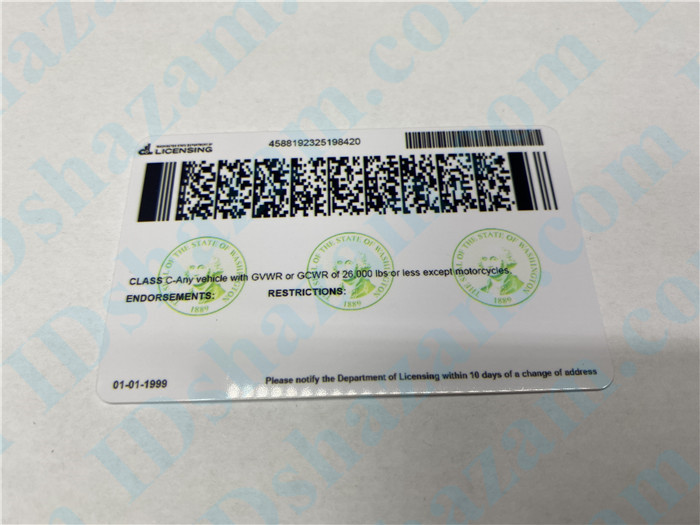 Premium Scannable Washington State Fake ID Card Back Display