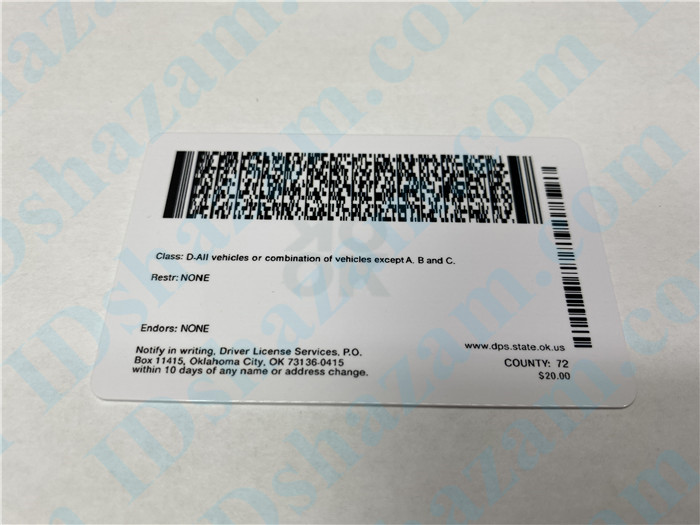 Premium Scannable Oklahoma State Fake ID Card Back Display